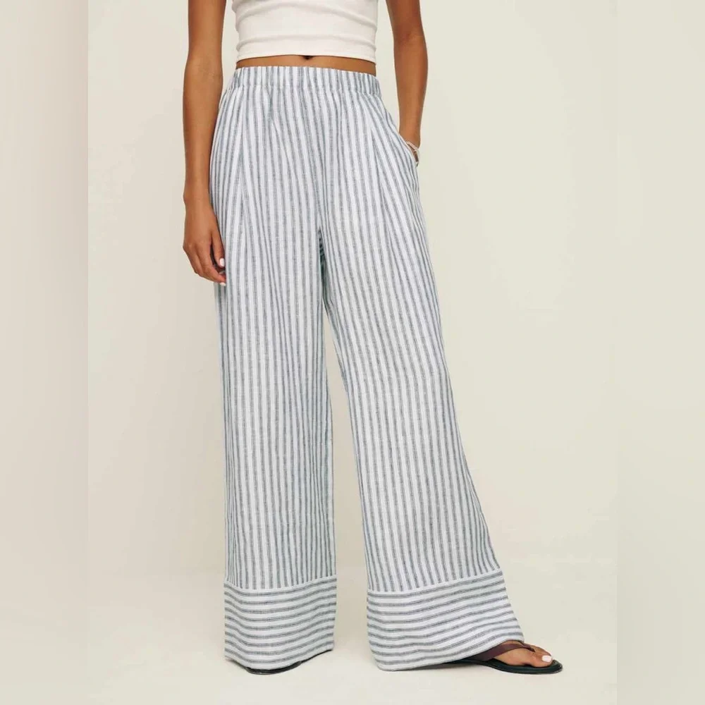 REFORMATION Fernando Linen Wide Leg Pant in Antibes Stripe - Picture 2 of 9